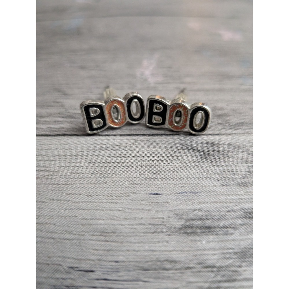 Silver Tone Boo Boo Enamel Stud Earrings Halloween Jewelry Black Orange